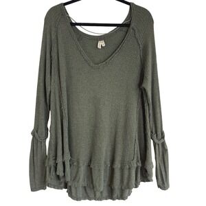 We The Free Free People Waffle Knit Top M Green Thermal Oversized Boho Grunge